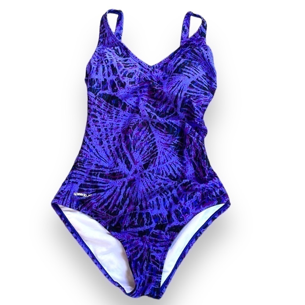 Speedo blue purple black one piece swimsuit rouched side